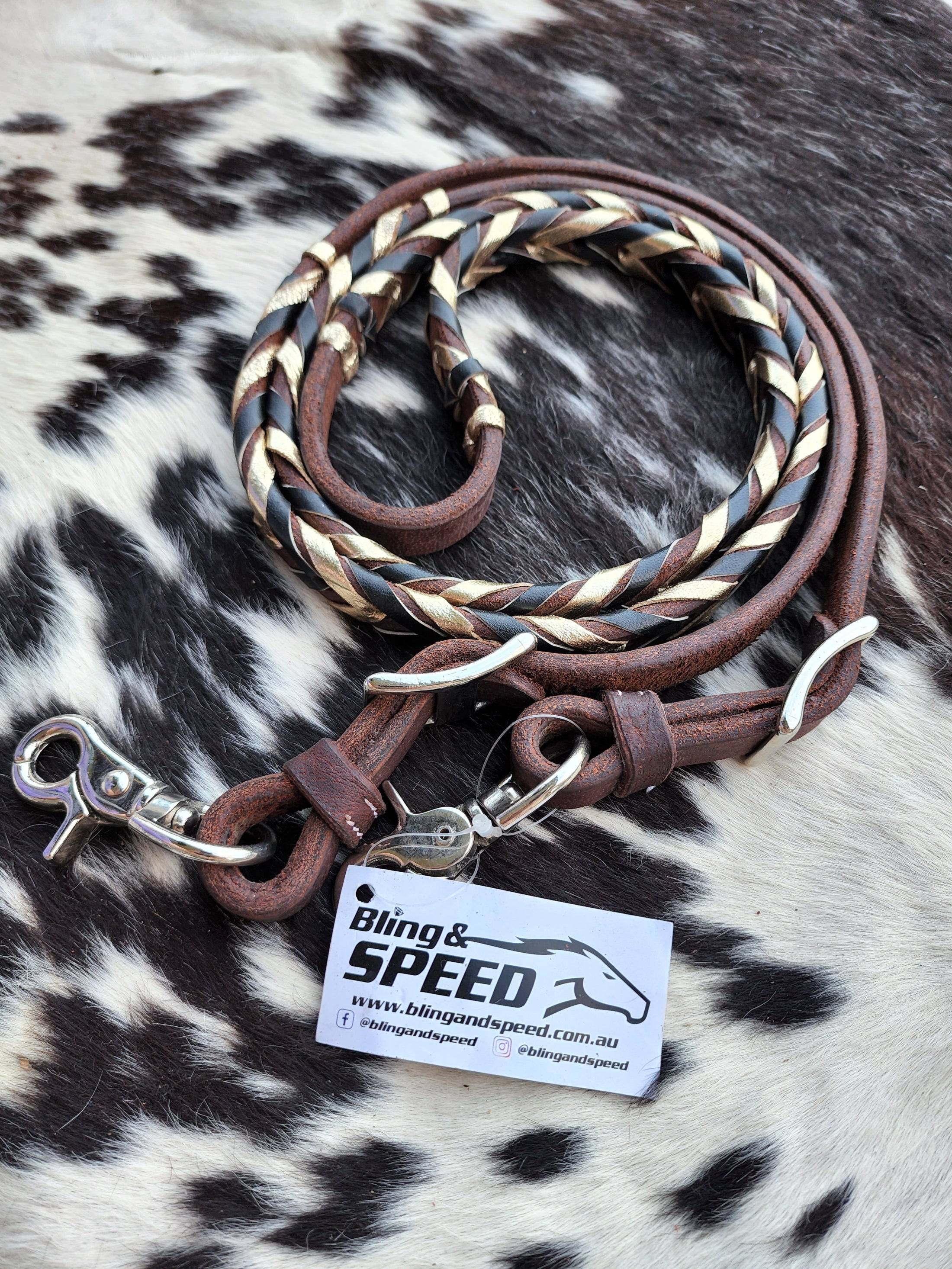 Bling and Speed Gold and Black Laced Barrel Reins (7873220673774)