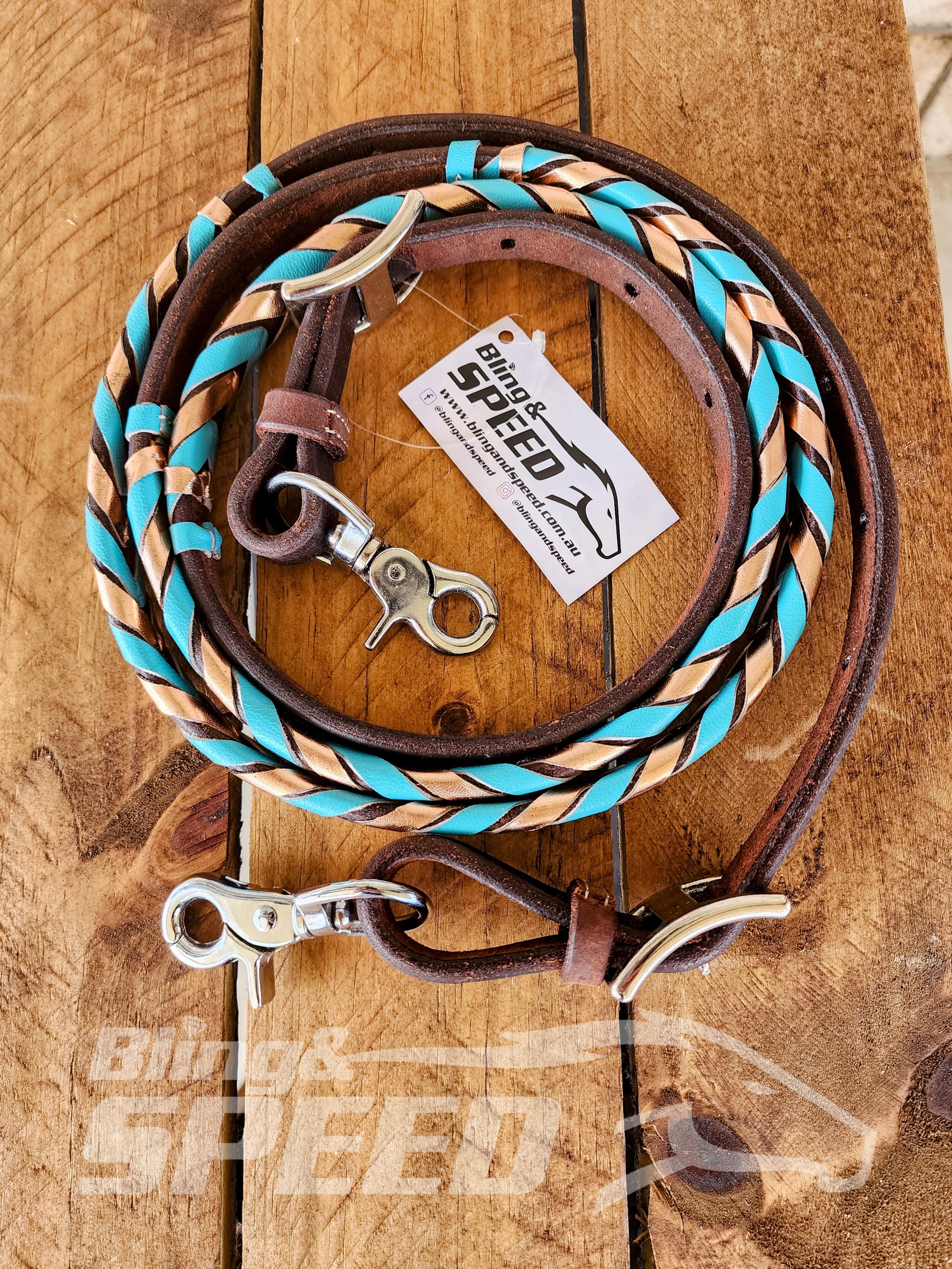 Bling and Speed Turquoise & Rose Gold Laced Barrel Reins (7956249215214)