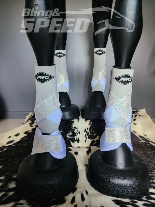 White H20 Front & Rear Set White Sparkle Leather Straps Support Boots and Bells (7958120825070)