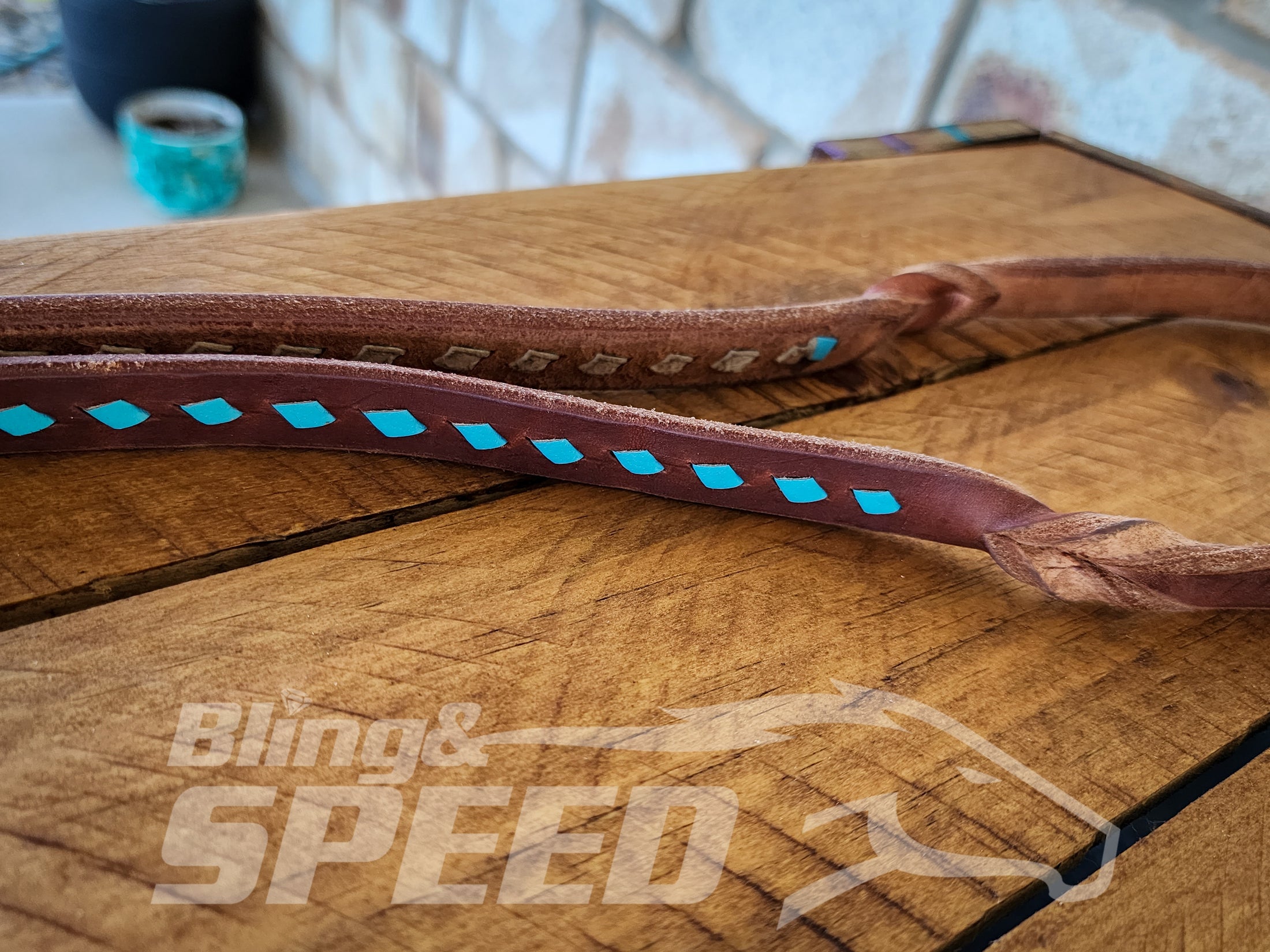 Bling & Speed Twisted Bloodknot Buckstitched Barrel Reins - Turquoise (7977754722542)