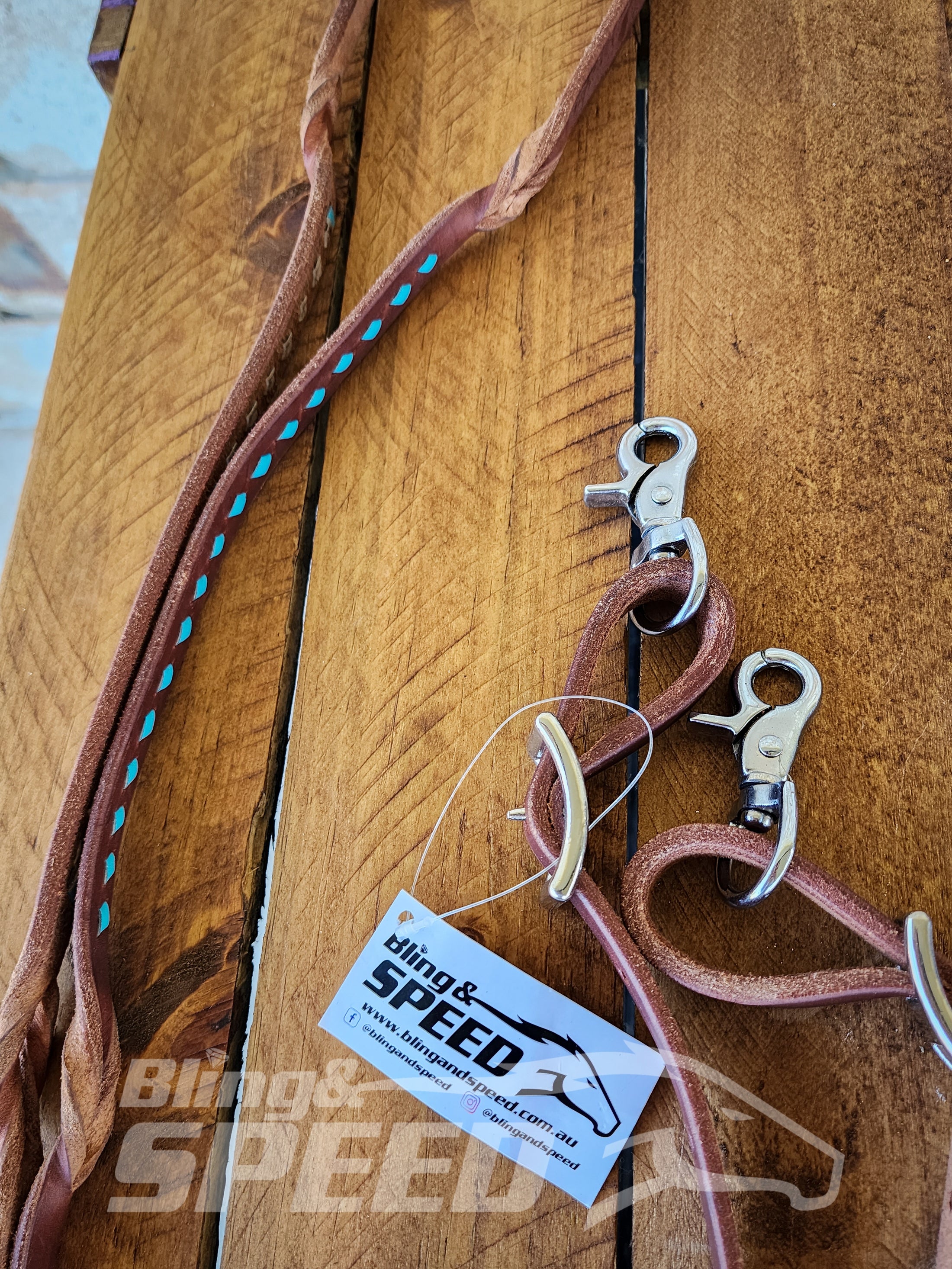 Bling & Speed Twisted Bloodknot Buckstitched Barrel Reins - Turquoise (7977754722542)