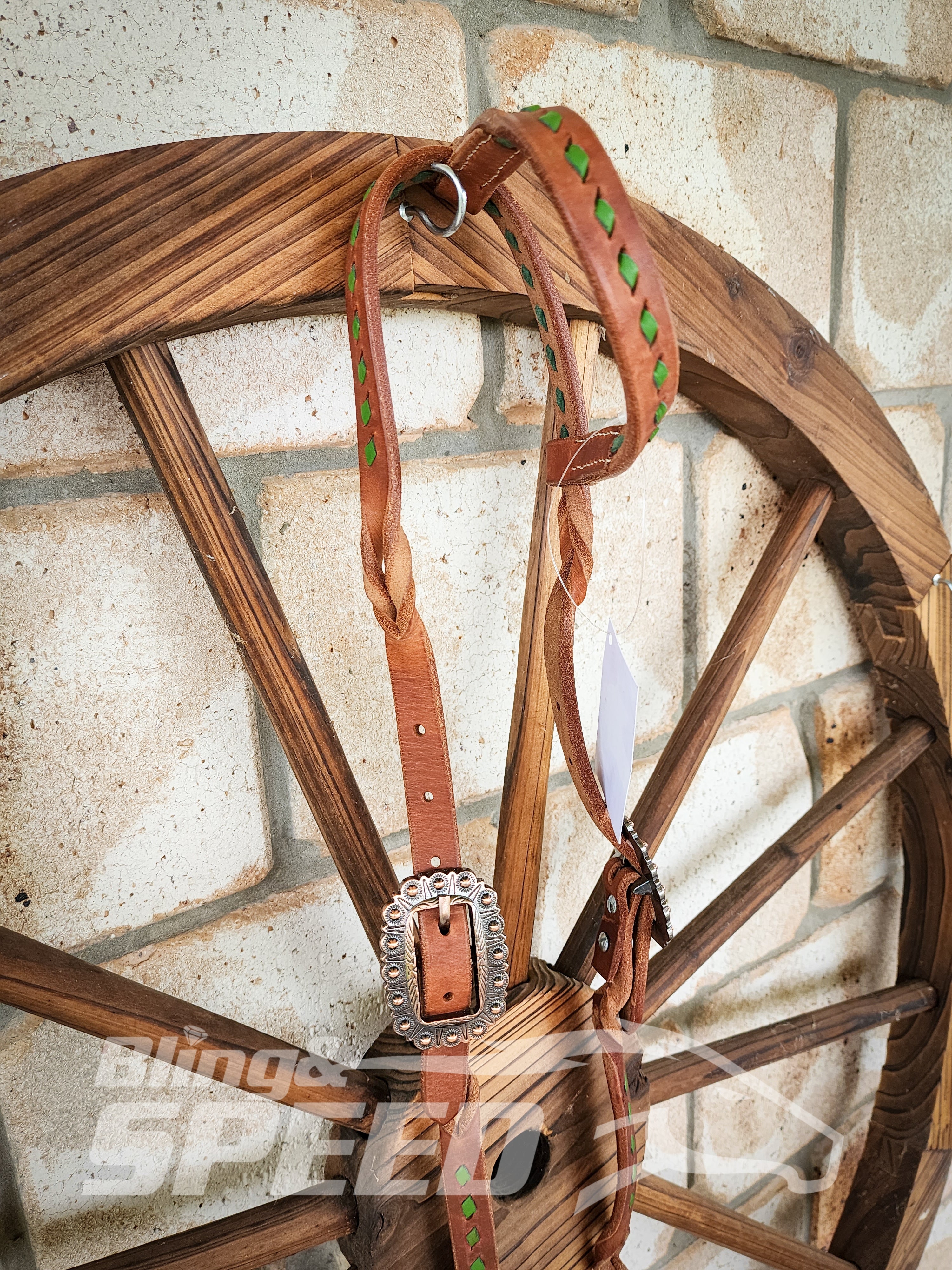 Bling and Speed Green Buckstitched with Twisted Bloodknot One Ear Bridle (7981439418606)