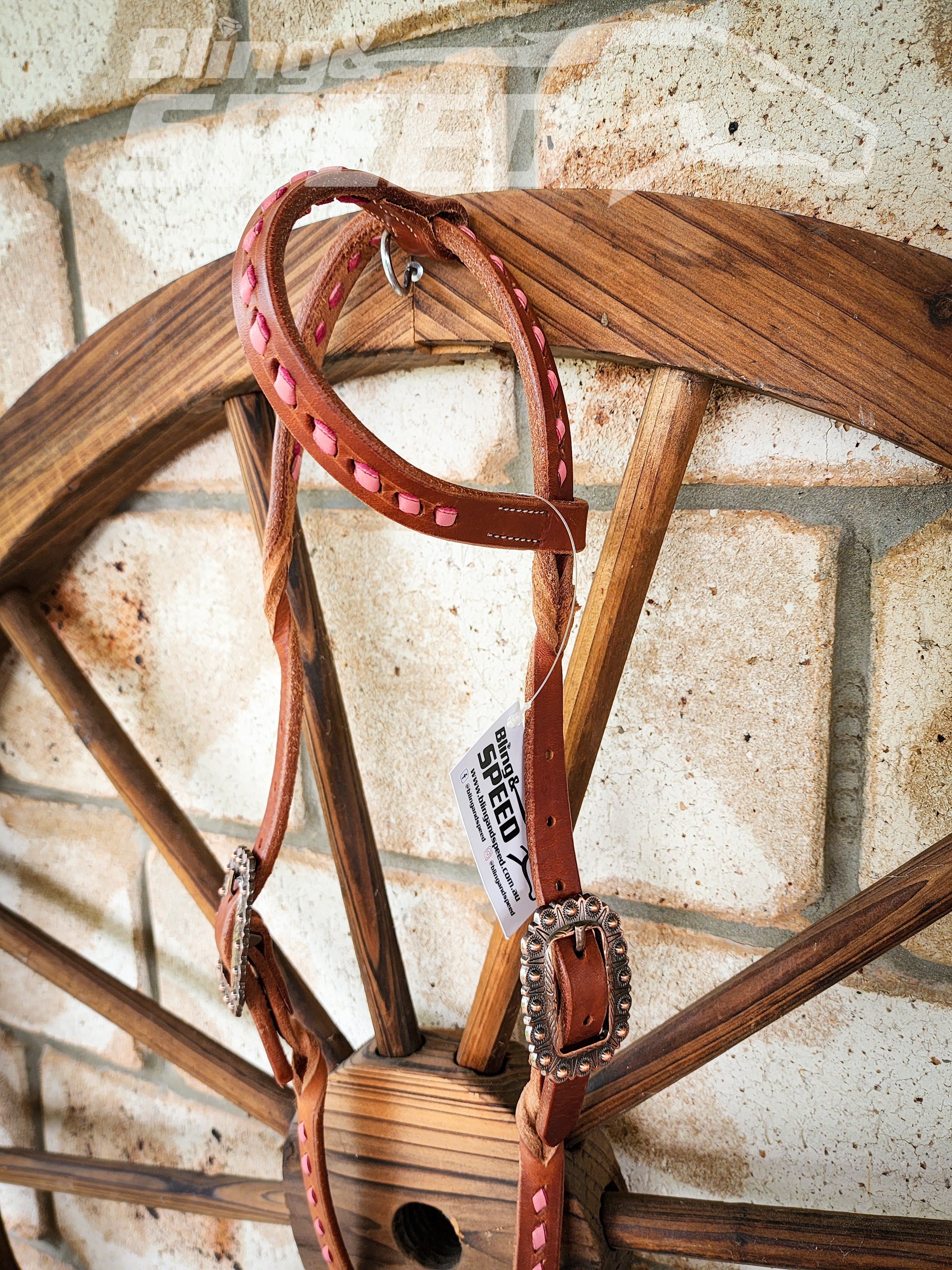 Bling and Speed Pink Buckstitched with Twisted Bloodknot One Ear Bridle (7981438730478)