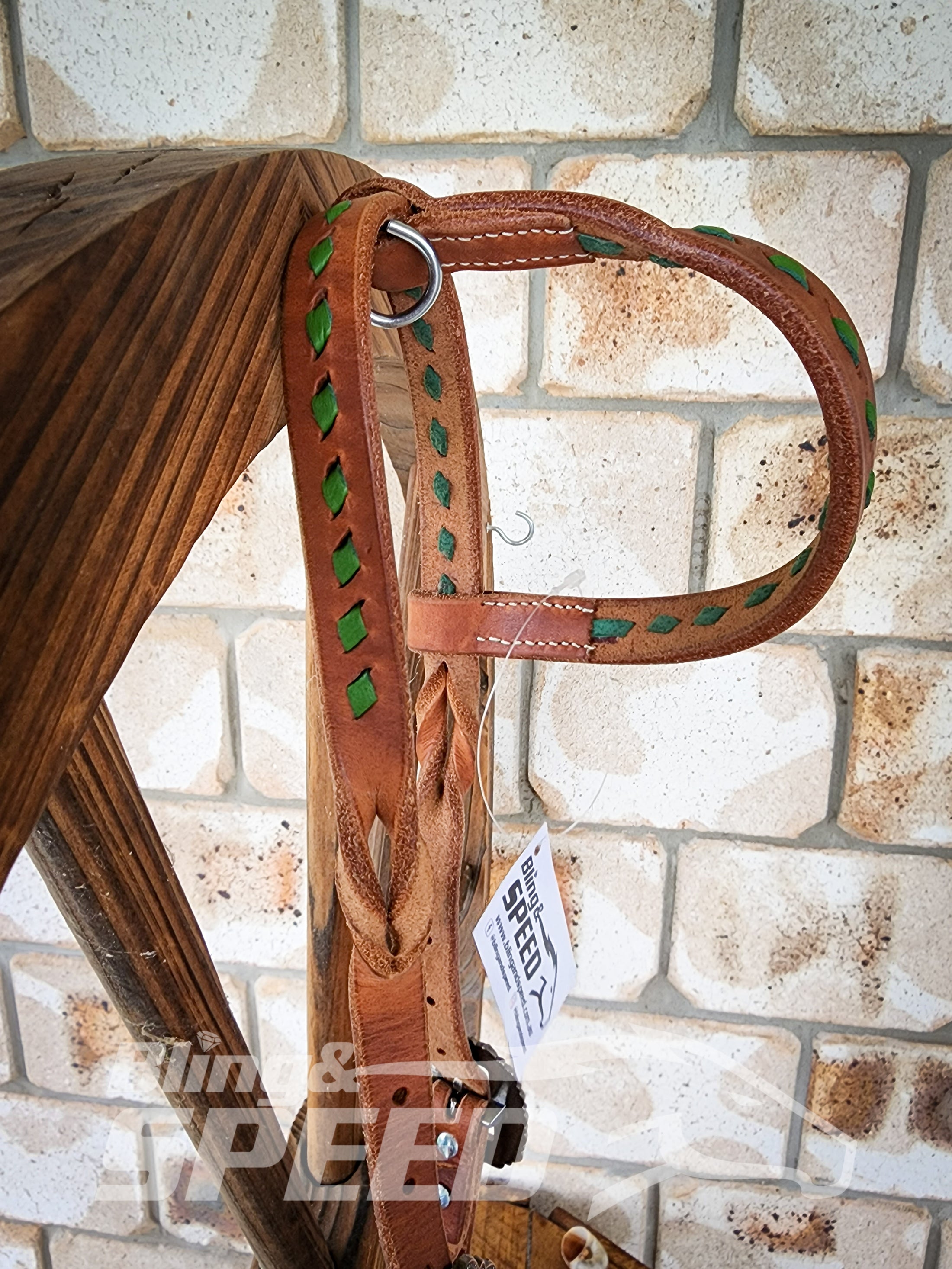 Bling and Speed Green Buckstitched with Twisted Bloodknot One Ear Bridle (7981439418606)