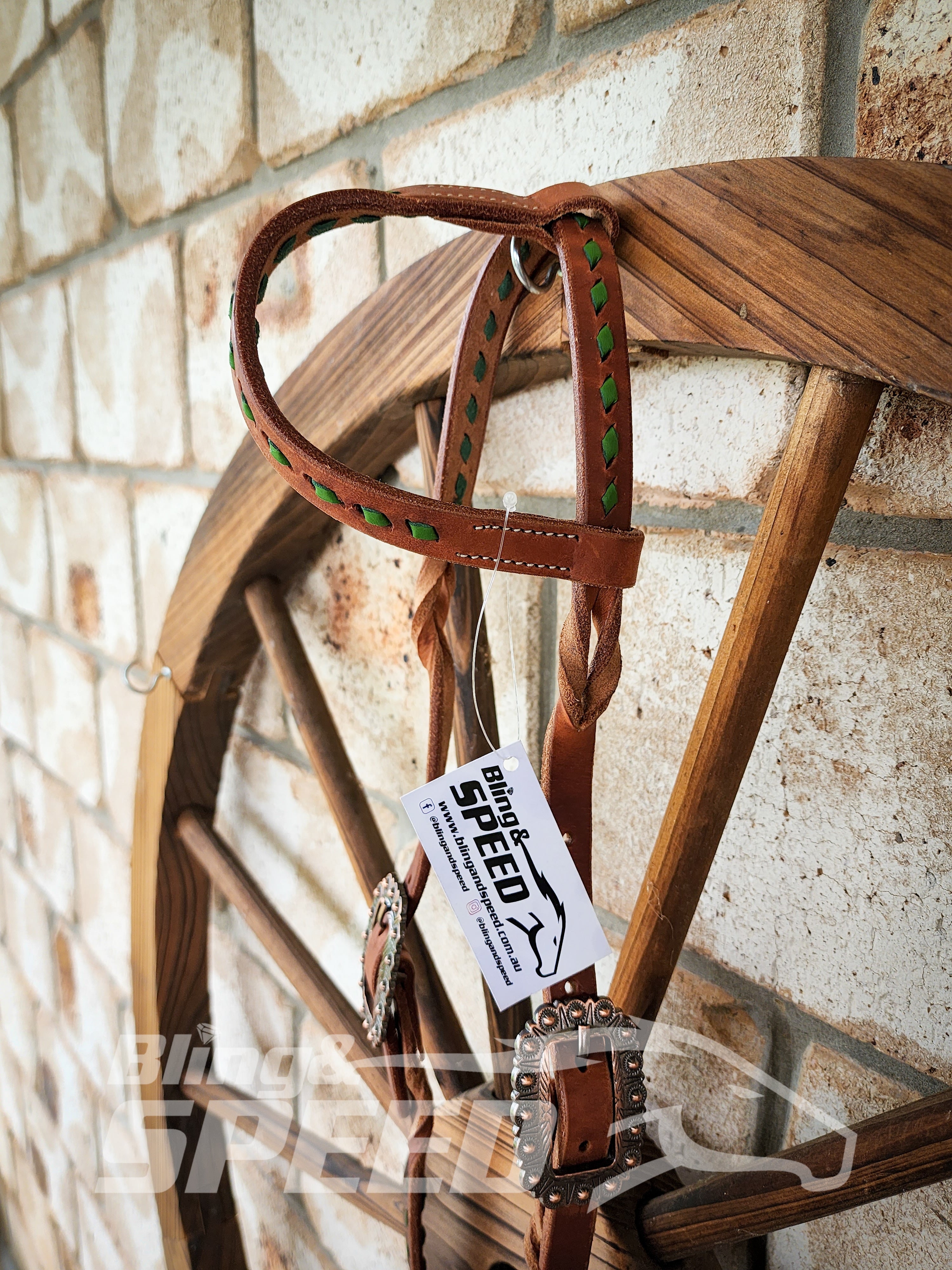 Bling and Speed Green Buckstitched with Twisted Bloodknot One Ear Bridle (7981439418606)