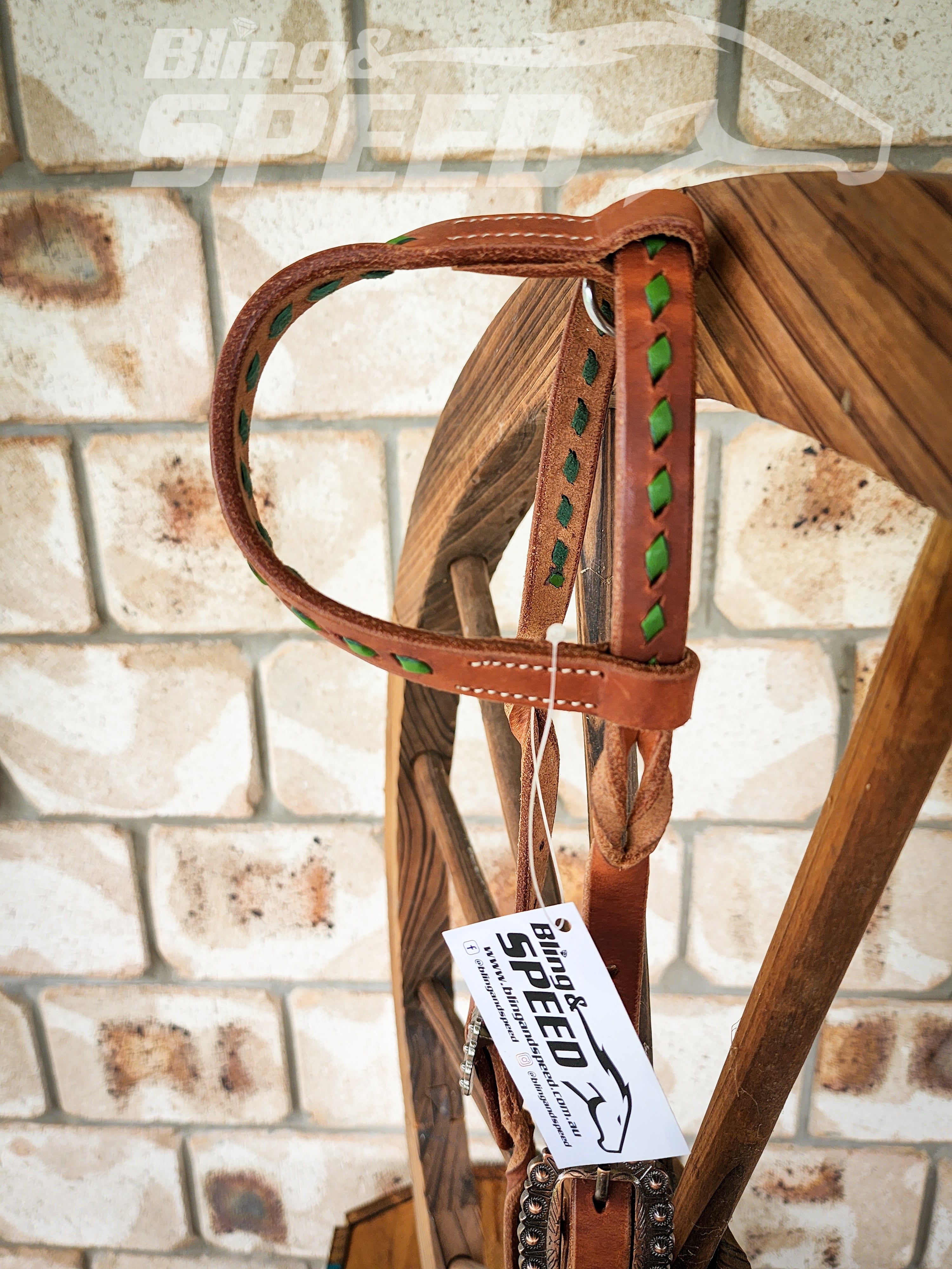 Bling and Speed Green Buckstitched with Twisted Bloodknot One Ear Bridle (7981439418606)