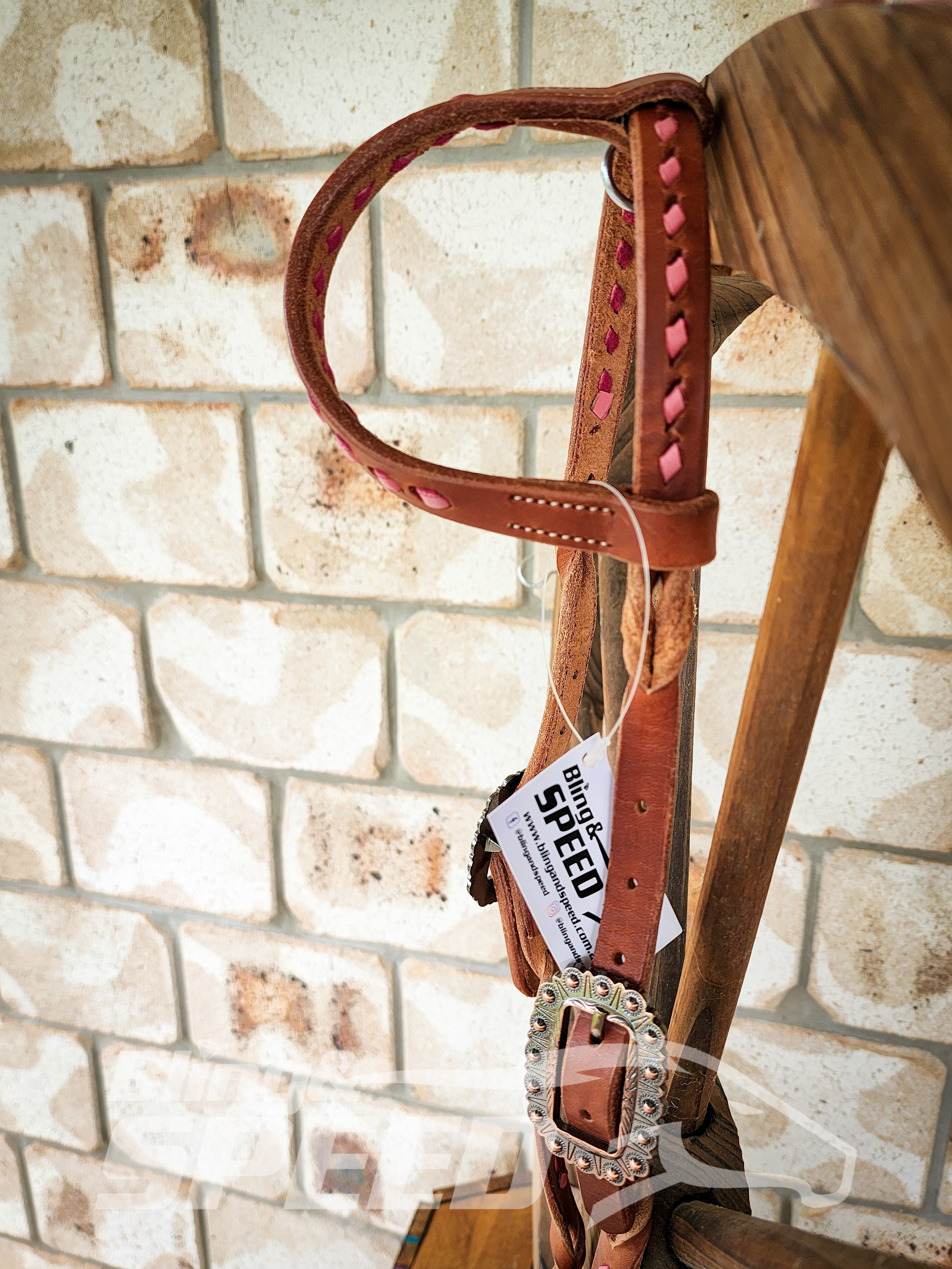 Bling and Speed Pink Buckstitched with Twisted Bloodknot One Ear Bridle (7981438730478)