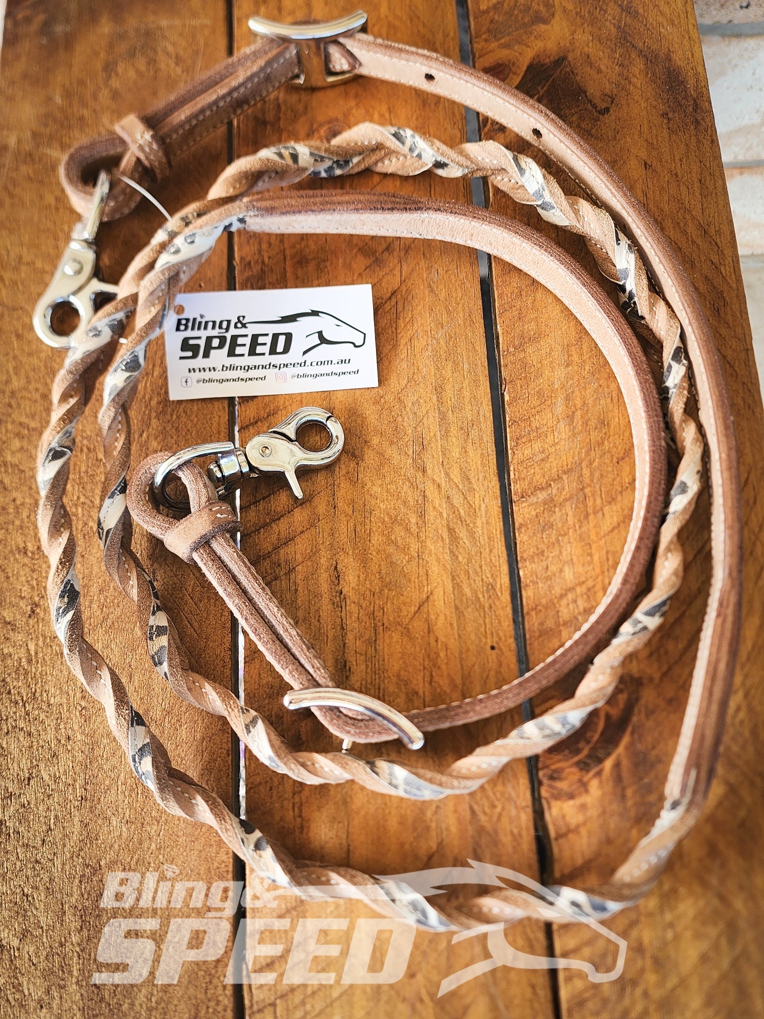 Bling & Speed Cheetah Twisted Bloodknot Bridle with matching Barrel Reins (7987702169838)